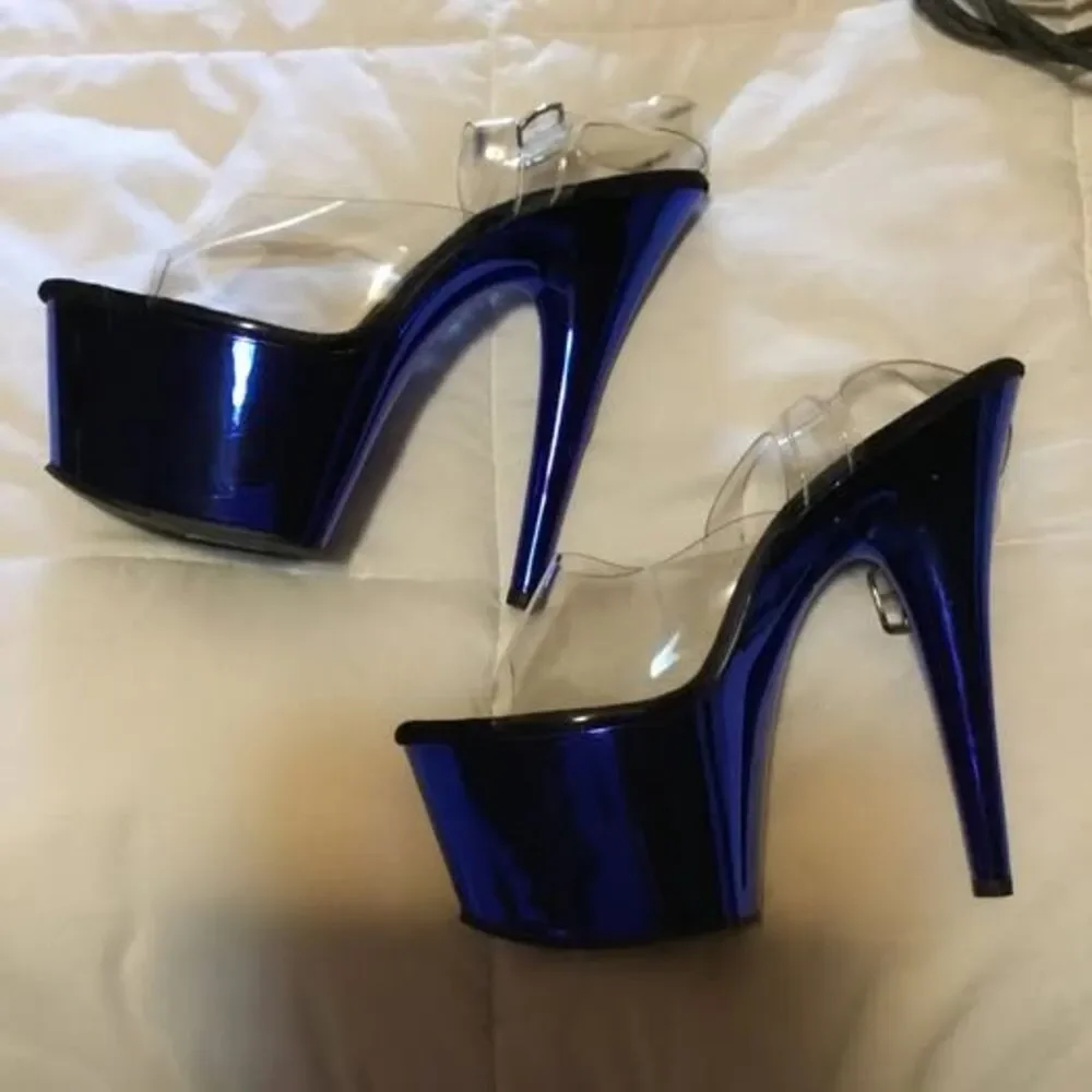 Pleasers 7 inch platform stilettos.   Blue Clear Strap Platform High Heels